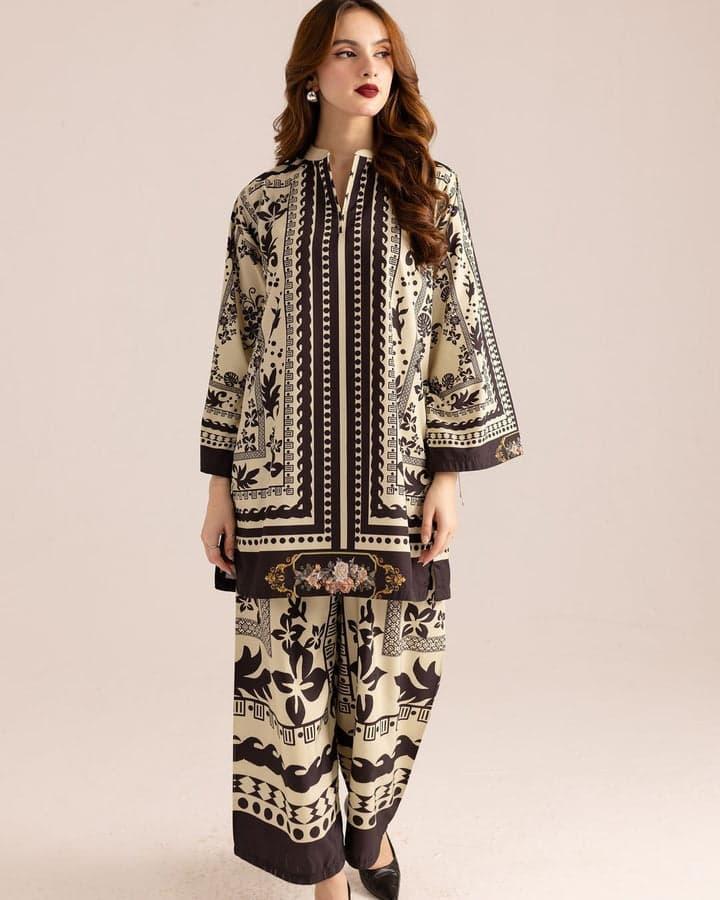 Stylish Women's Stitched Co-Ord Set - 2 Pcs Printed Swiss Lawn Ensemble in Off White