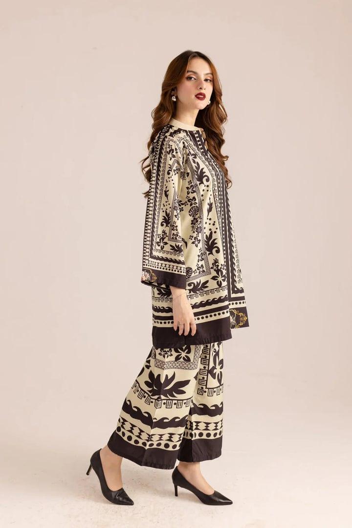 Stylish Women's Stitched Co-Ord Set - 2 Pcs Printed Swiss Lawn Ensemble in Off White