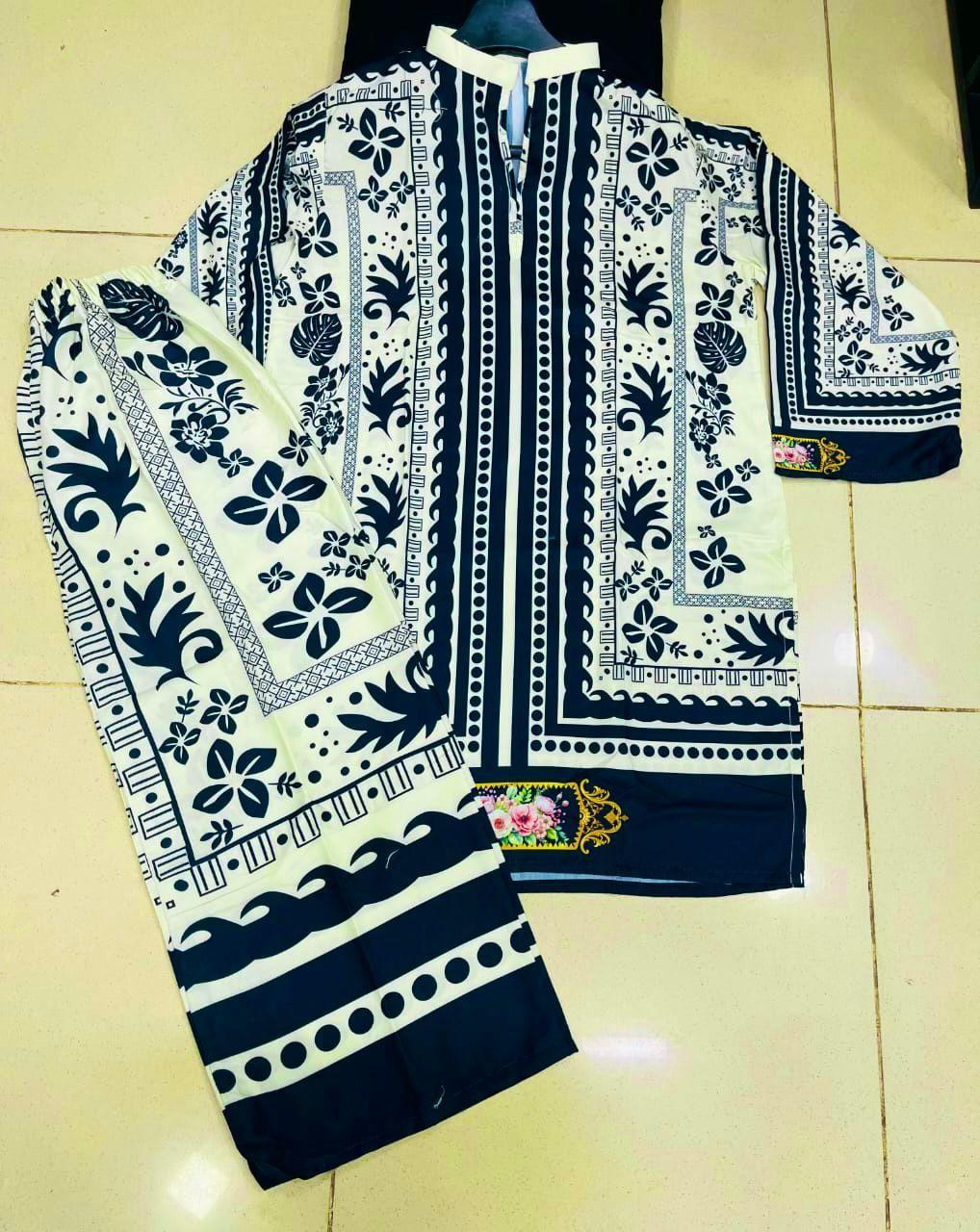 Stylish Women's Stitched Co-Ord Set - 2 Pcs Printed Swiss Lawn Ensemble in Off White