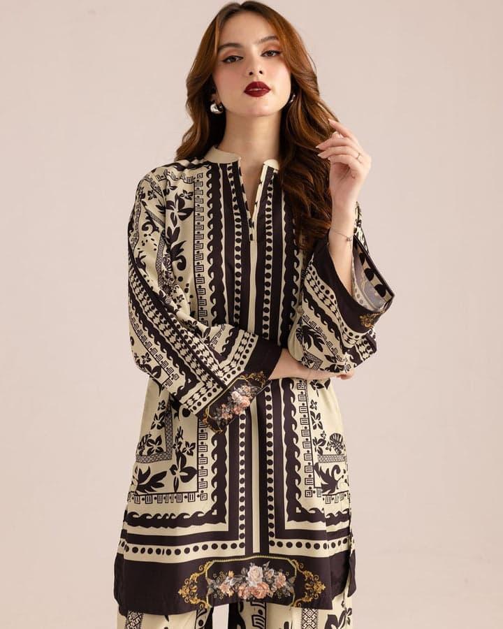 Stylish Women's Stitched Co-Ord Set - 2 Pcs Printed Swiss Lawn Ensemble in Off White