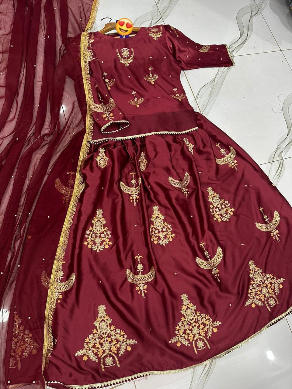 3 Pcs Women's Stitched Sequins Embroidered Lehenga Choli