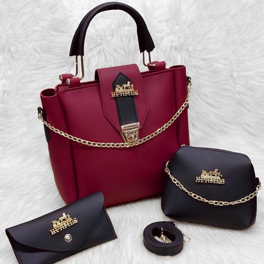 Women's PU Leather Plain Handbag, Pack Of 3